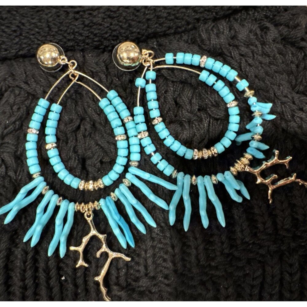 Sequin Brand Earrings Turquoise Coral Dangle Bohemian Gold Tone Length 3.5" NEW